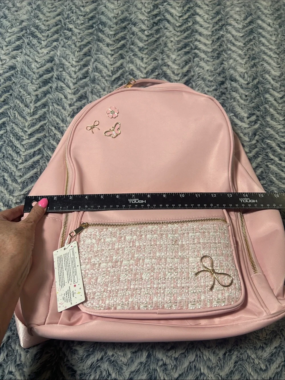 Pink Coquette-Style Backpack with Tweed Patteren and Gold Bow Accents